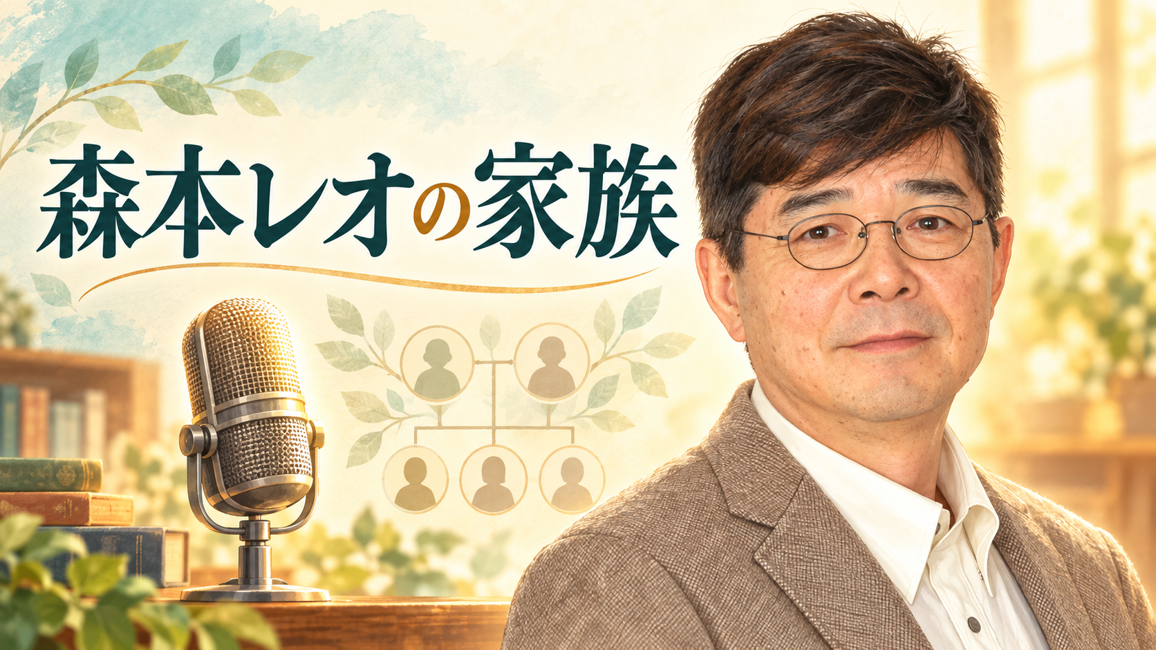 森本レオさんとラジオマイク、家族のつながりを描いたイラスト