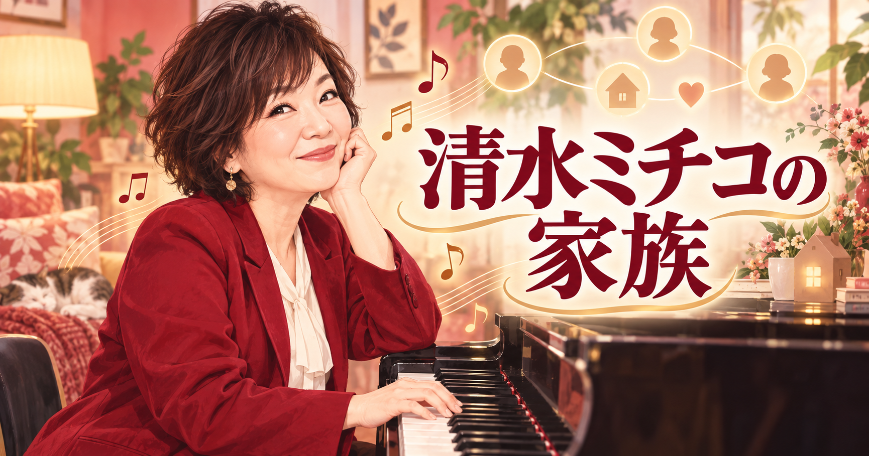 清水ミチコさんとピアノ、家族のつながりを描いた似顔絵イラスト