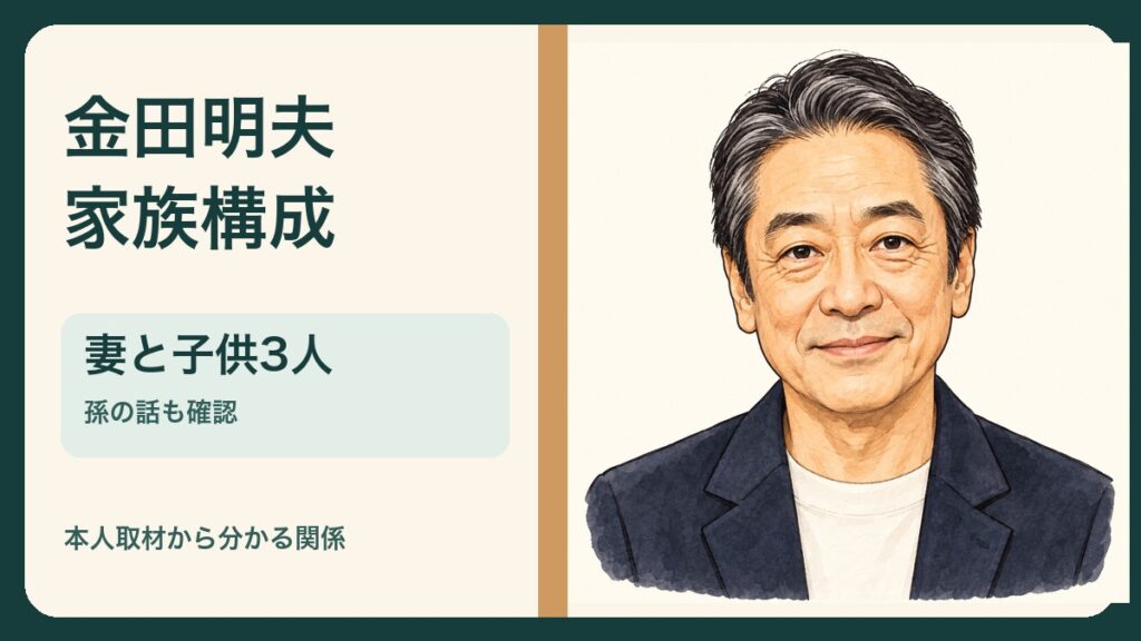 金田明夫さんの似顔絵と妻と子供3人を示す文字入りサムネイル