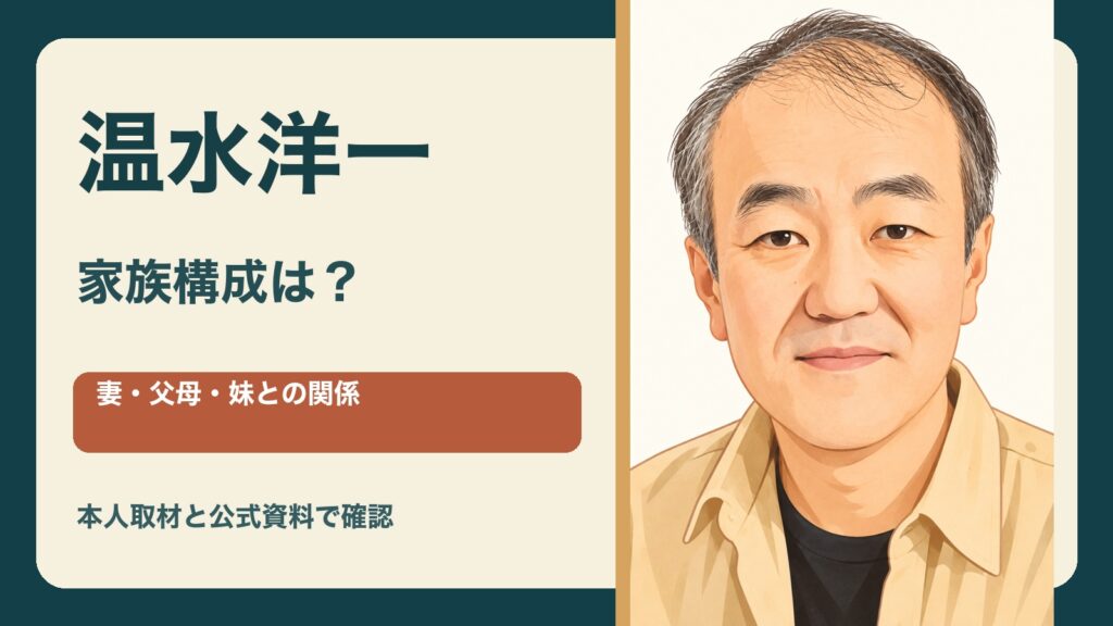 温水洋一さんの似顔絵と「家族構成は?妻・父母・妹との関係」の文字入りサムネイル