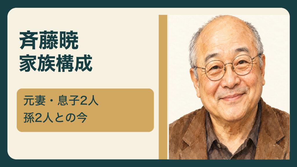斉藤暁さんの似顔絵と元妻・息子2人・孫2人の文字入りサムネイル